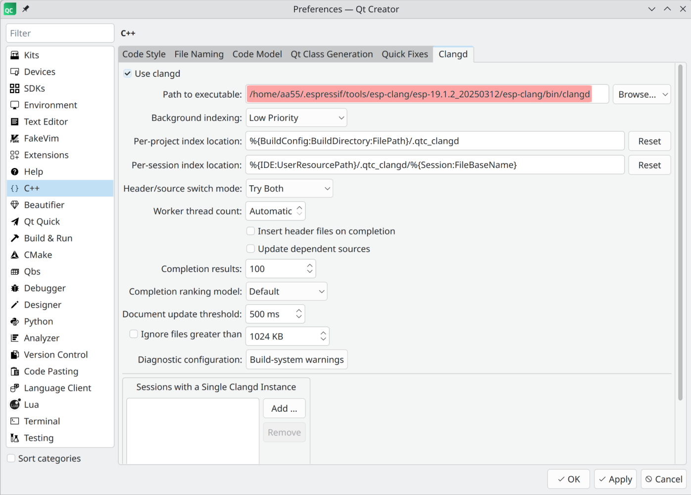 QtCreator settings page